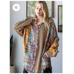 Oli & Hali Yellow Tan Hippie Boho Tunic Shirt Plaid Waffle Mixed Print Medium